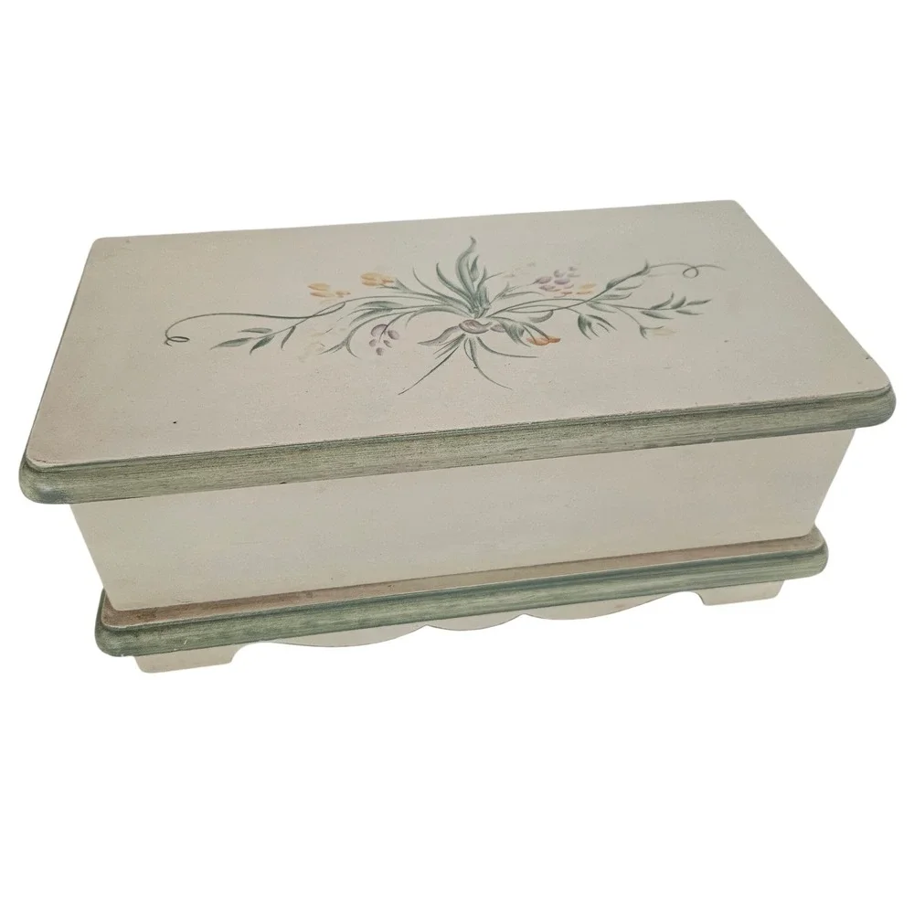 Vintage Floral Wood Jewelry Box Cream Green Hand Painted Mirror Removable Tray